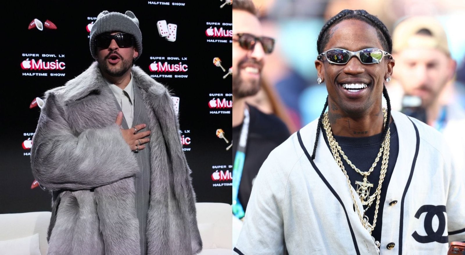 NFL fans react when Travis Scott appears on the sideline at Super Bowl LX between Patriots and Seahawks