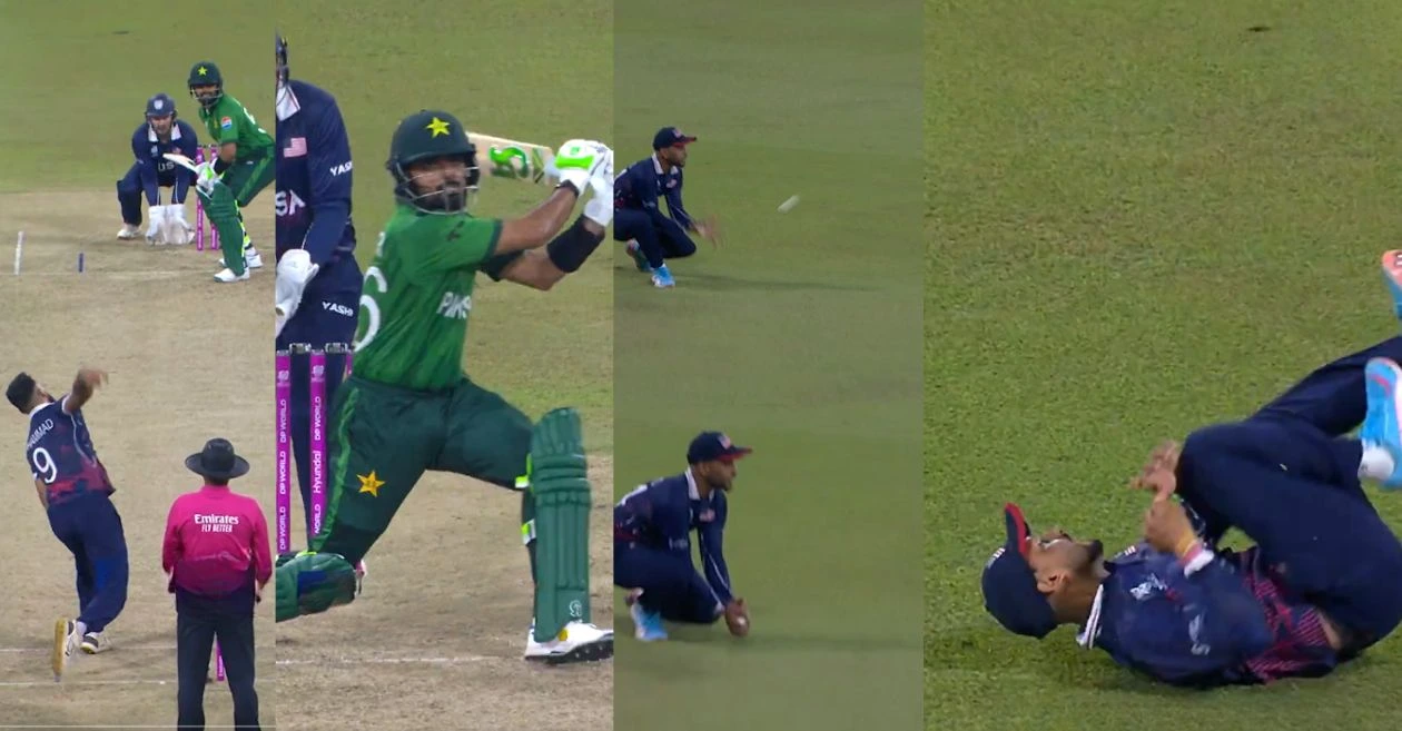 T20 World Cup 2026 (Watch): Babar Azam takes stunning diving catch in PAK vs USA, Milind Kumar denied 50