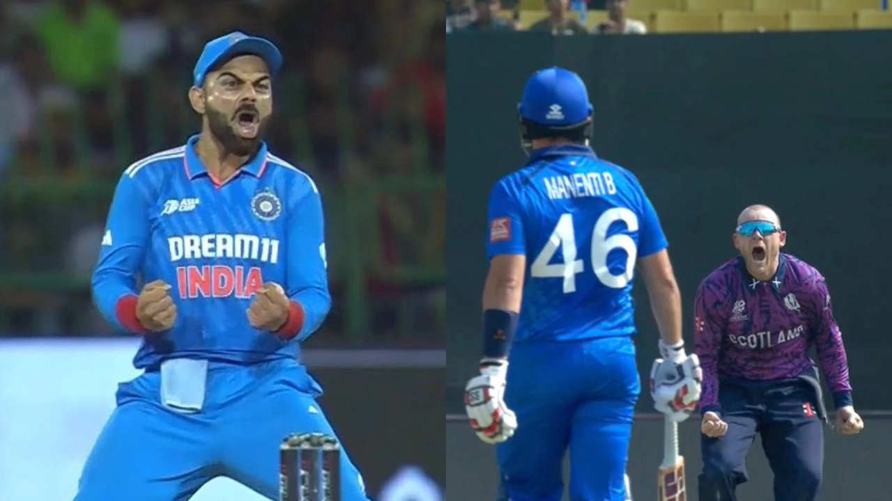 Michael Leask gives off Virat Kohli to Harry Manenti during Scotland vs Italy T20 World Cup match