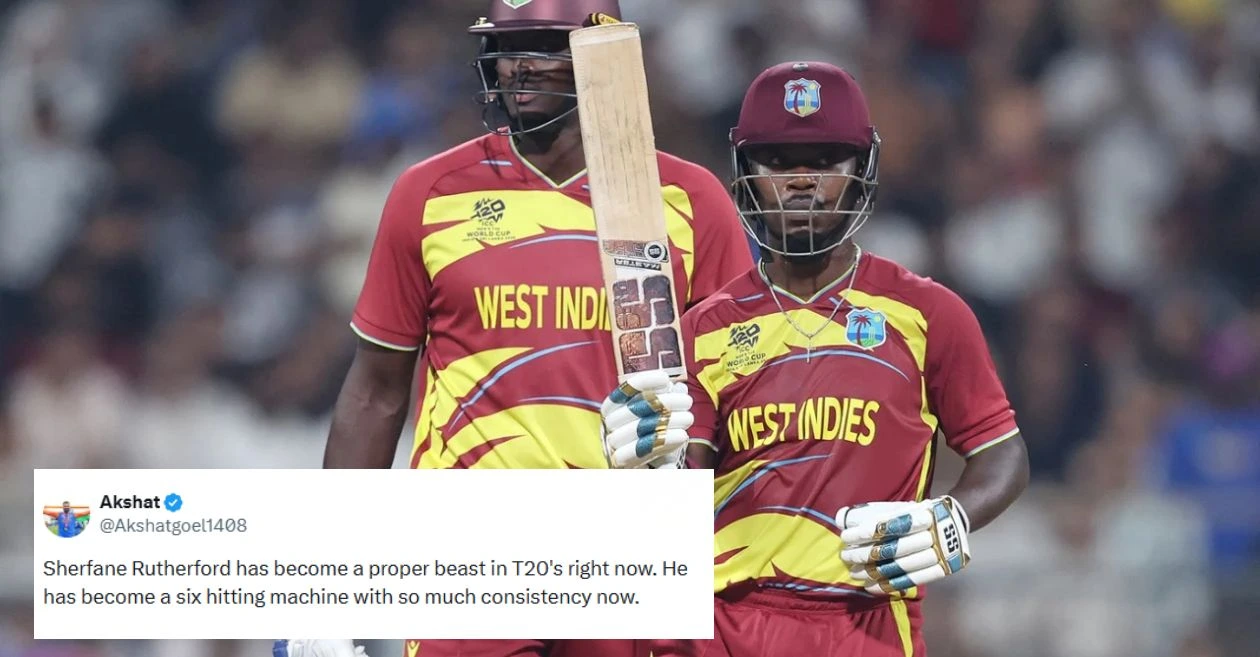 Shelfin Rutherford riots during T20 World Cup 2026 match against England, fans react wildly